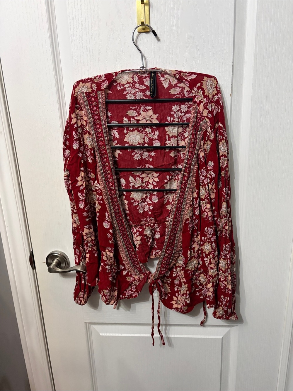 Women's Red Floral Long Sleeve Tie-Front Top